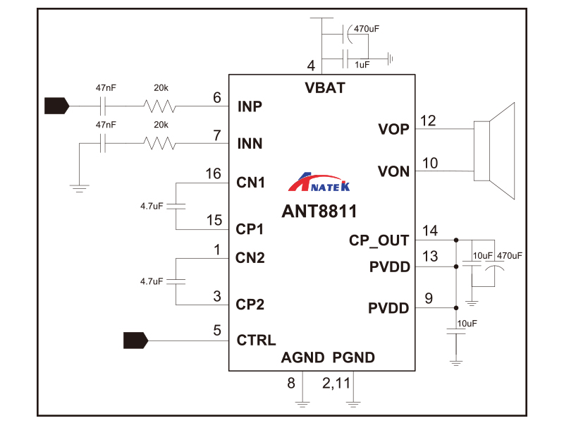 内置升压免电感AB/D类双模音频功放_ANT8811_电路图